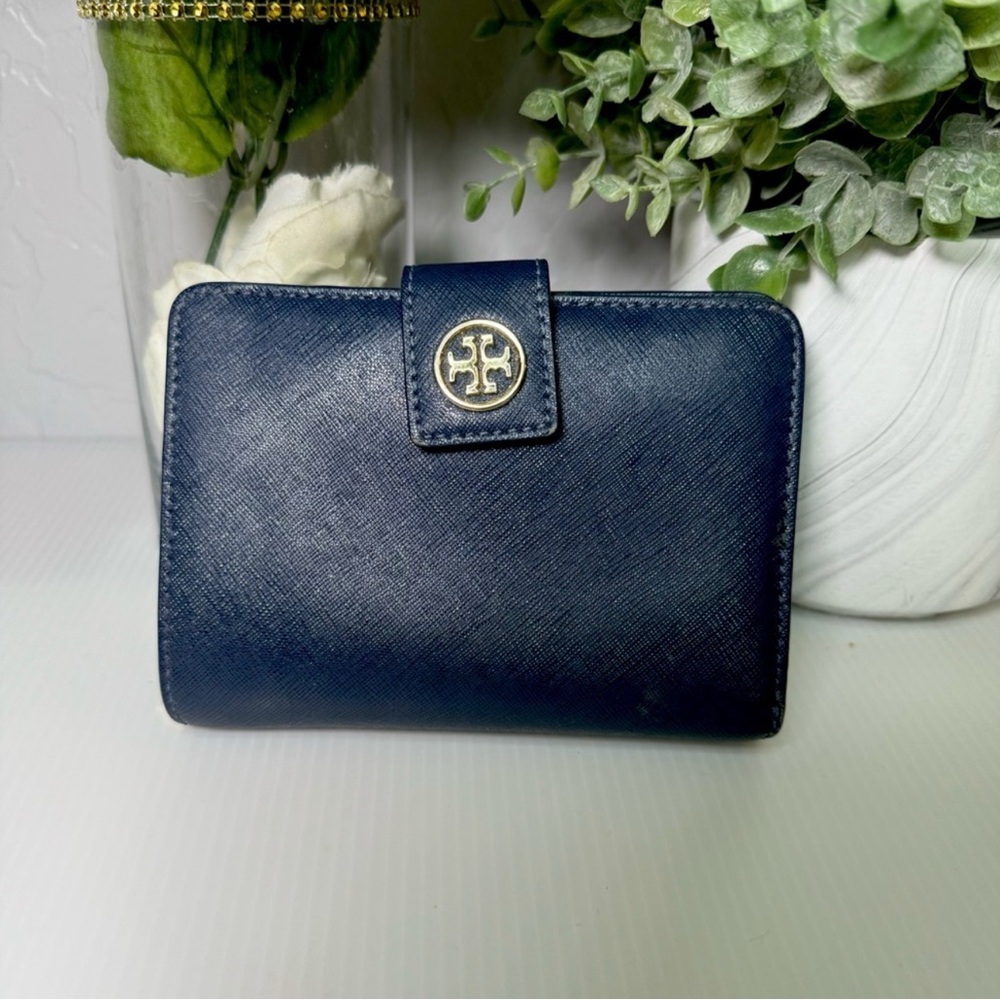 Tory Burch Blue Leather Wallet with Gold Logo